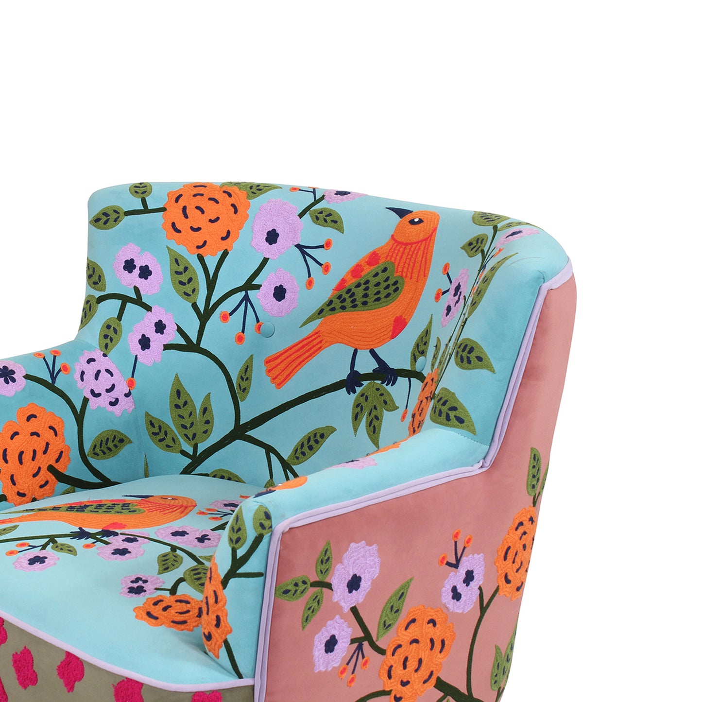32" Blue Green Orange Pink and Brown Floral Arm Chair-6