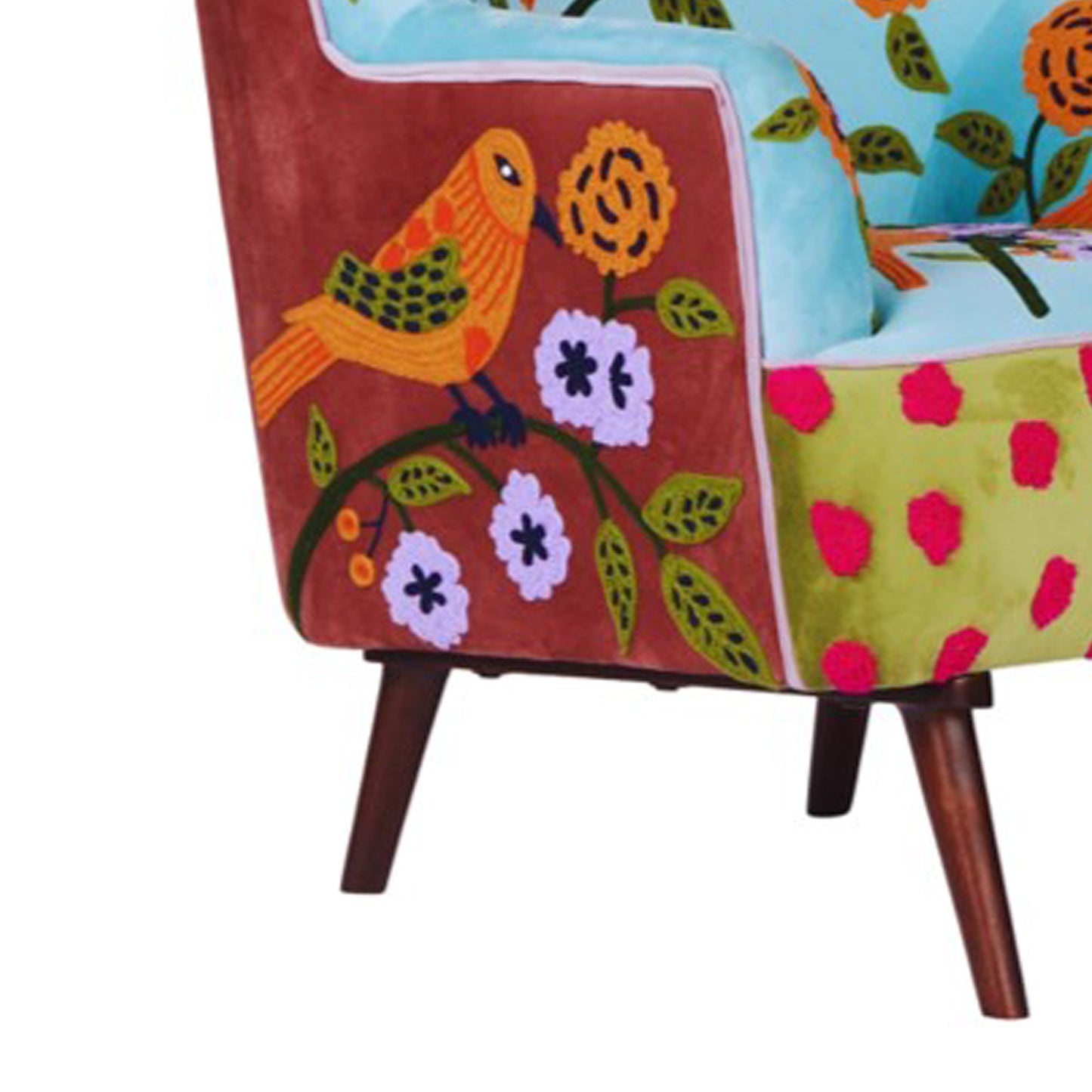 32" Blue Green Orange Pink and Brown Floral Arm Chair-7