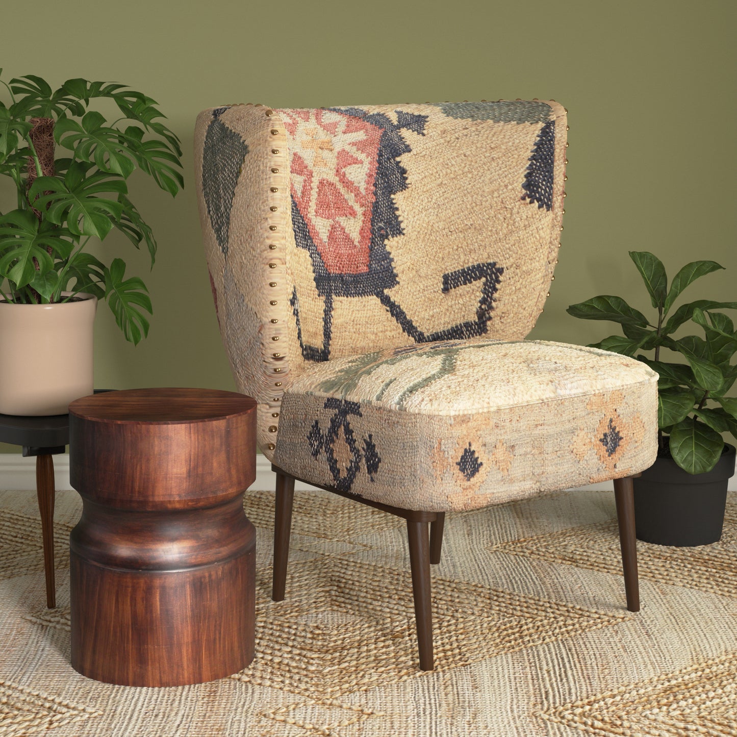 26" Beige Blue and Red  Jute Southwestern Wingback Chair-8