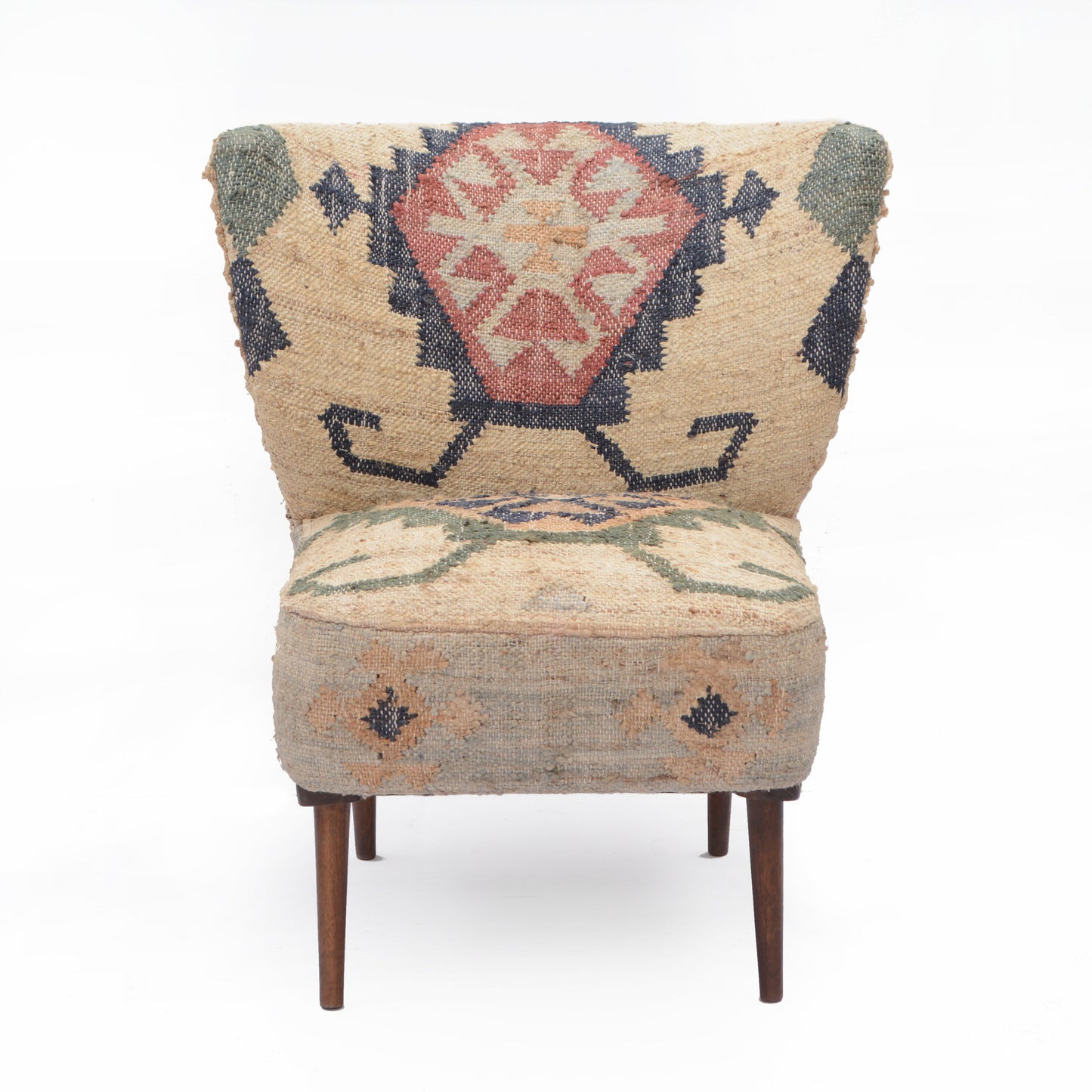 26" Beige Blue and Red  Jute Southwestern Wingback Chair-1