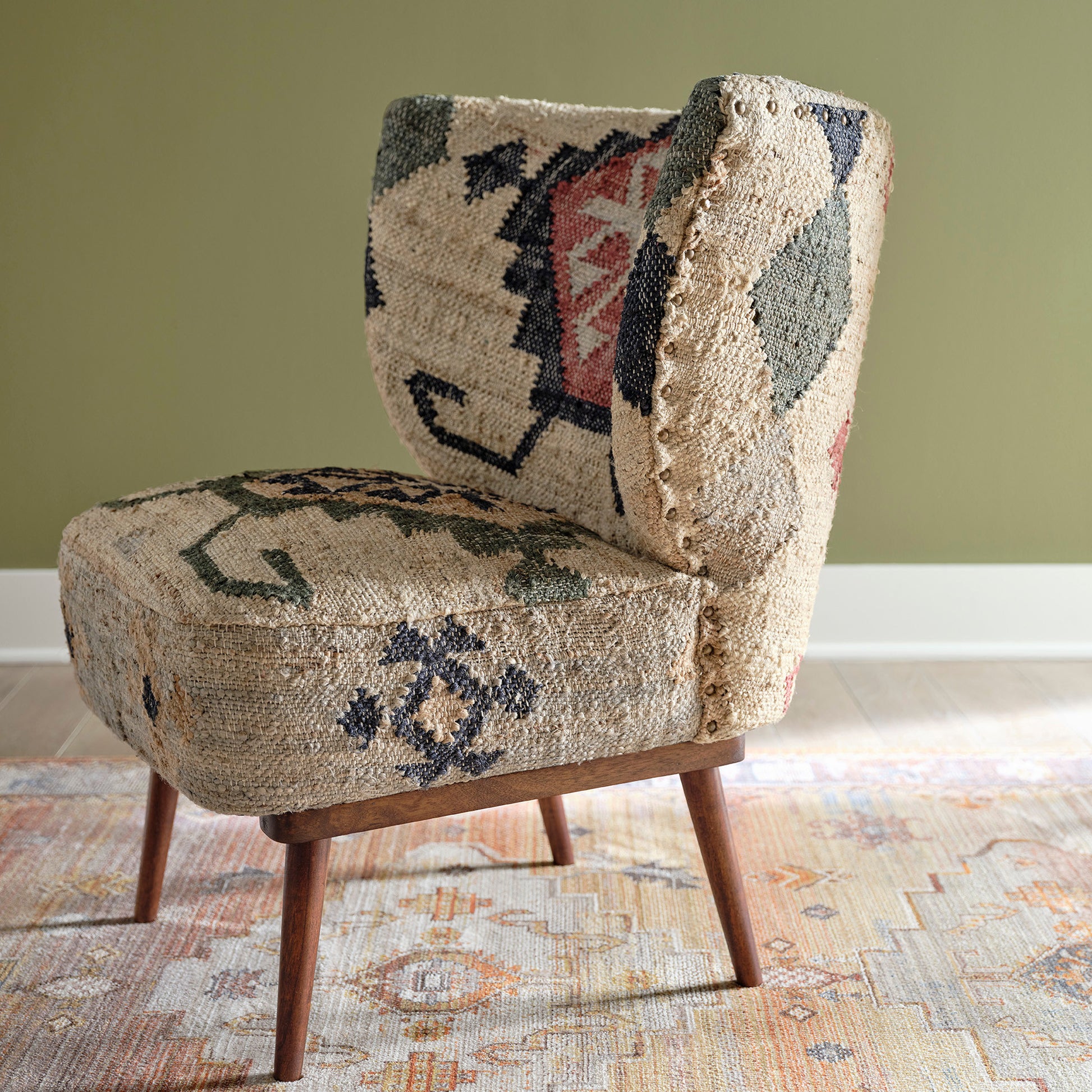 26" Beige Blue and Red  Jute Southwestern Wingback Chair-7