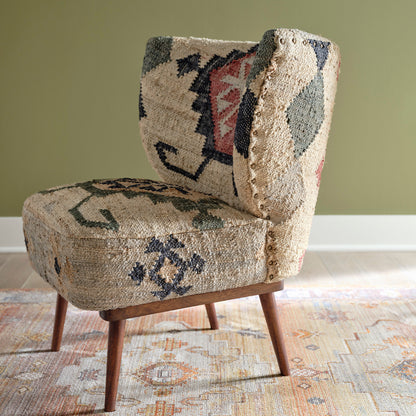 26" Beige Blue and Red  Jute Southwestern Wingback Chair-7