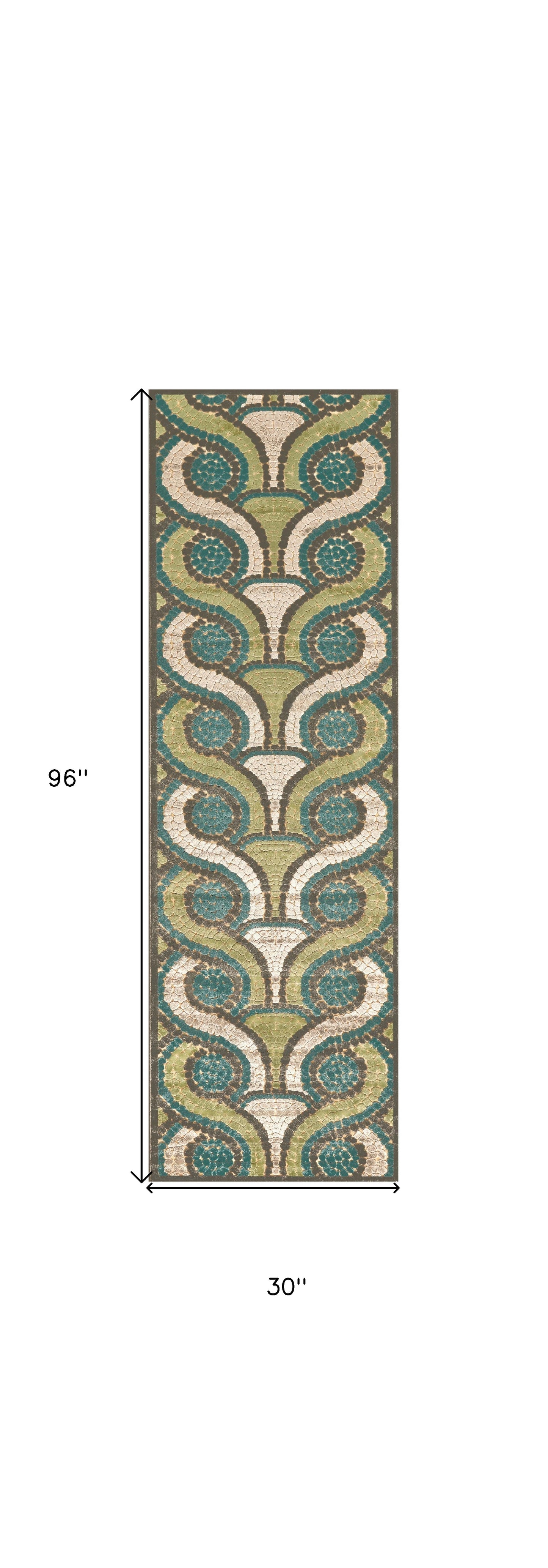 8' Tan Blue and Green Geometric Power Loom Runner Rug-2