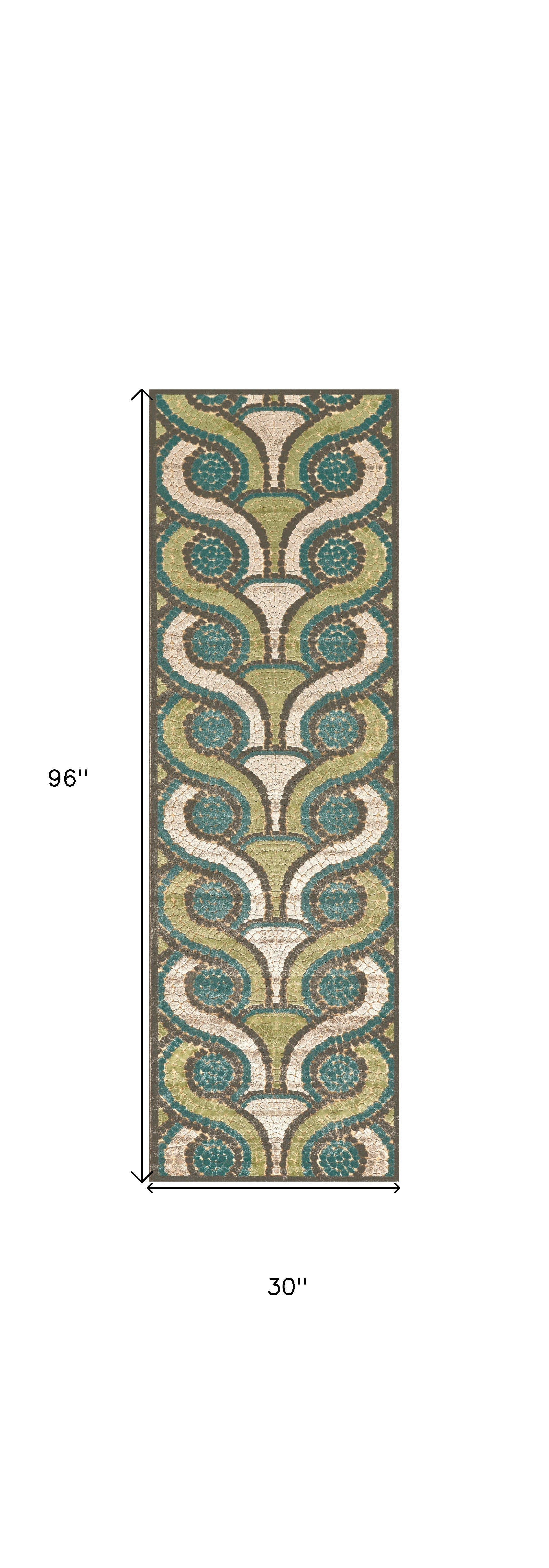 8' Tan Blue and Green Geometric Power Loom Runner Rug-2