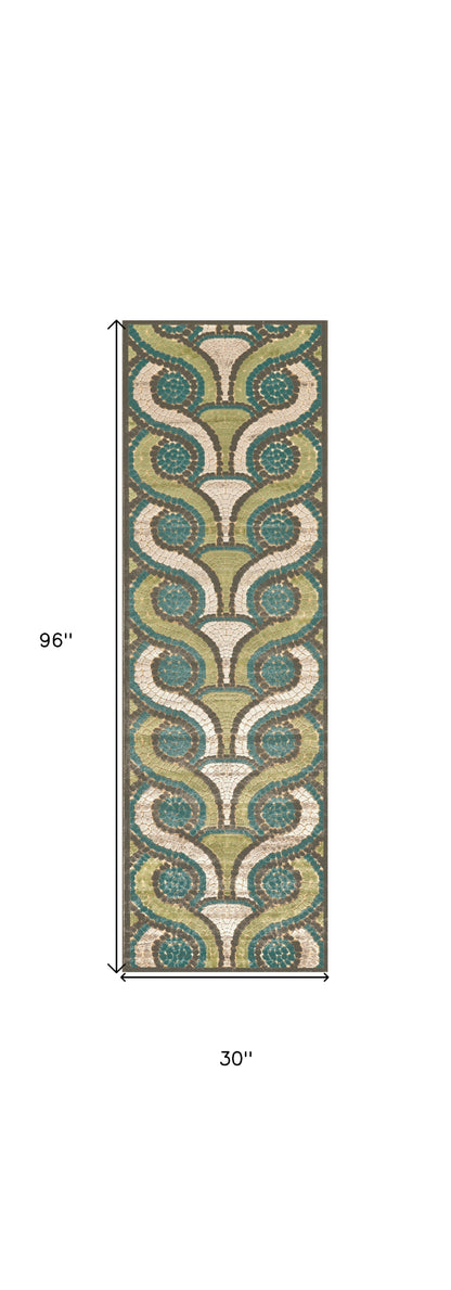 8' Tan Blue and Green Geometric Power Loom Runner Rug-2