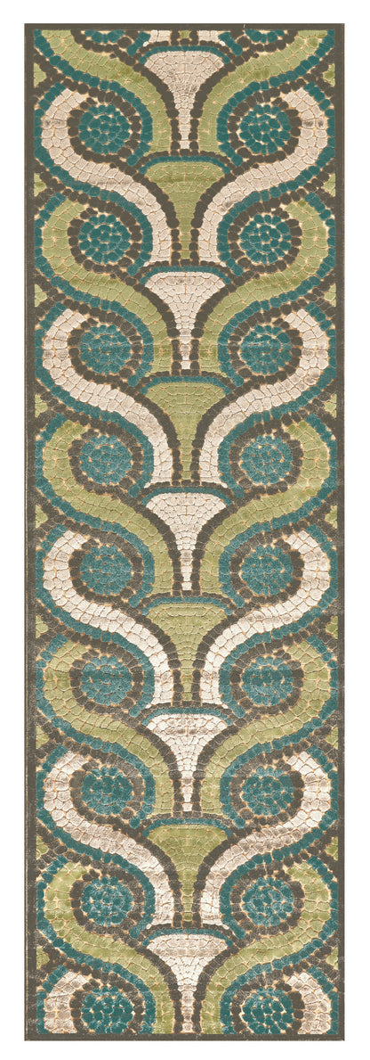 8' Tan Blue and Green Geometric Power Loom Runner Rug-1