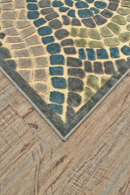 8' Tan Blue and Green Geometric Power Loom Runner Rug-3
