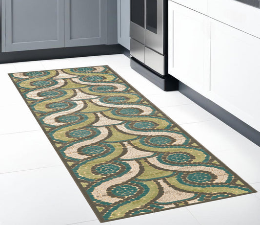 8' Tan Blue and Green Geometric Power Loom Runner Rug-0