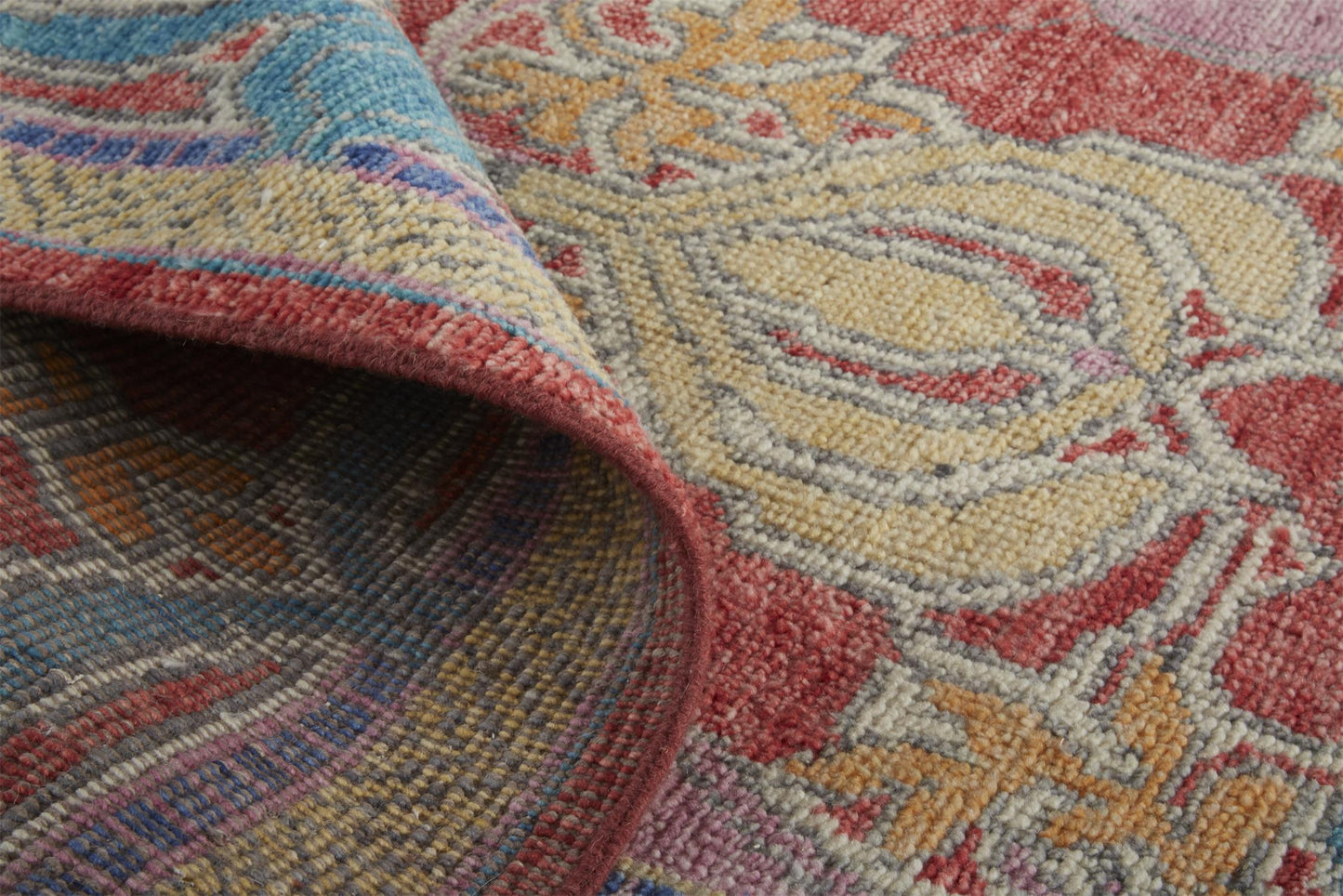 8' Blue Red and Yellow Wool Oriental Hand Knotted Runner Rug-3