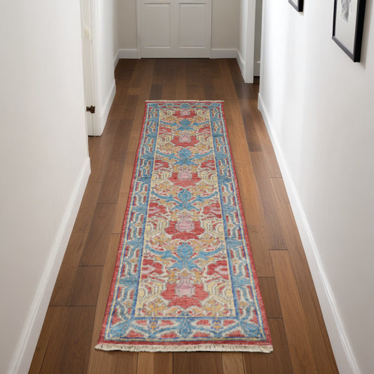 8' Blue Red and Yellow Wool Oriental Hand Knotted Runner Rug-0