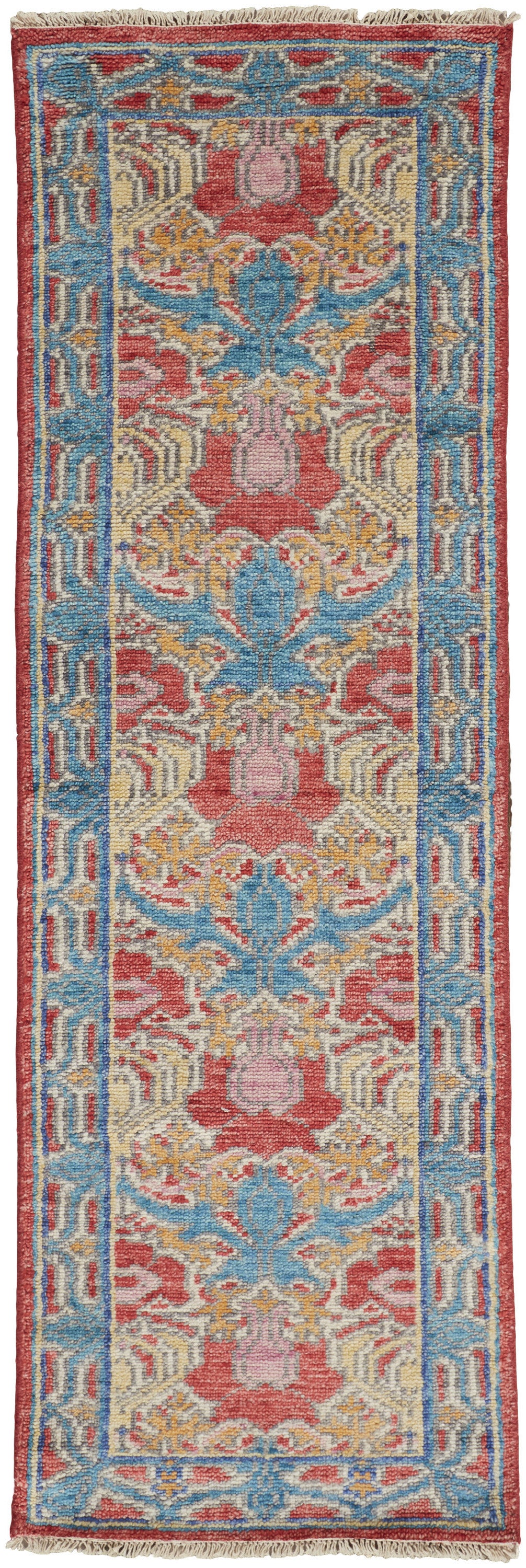 8' Blue Red and Yellow Wool Oriental Hand Knotted Runner Rug-1