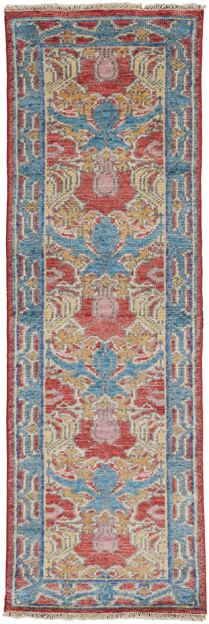 8' Blue Red and Yellow Wool Oriental Hand Knotted Runner Rug-1