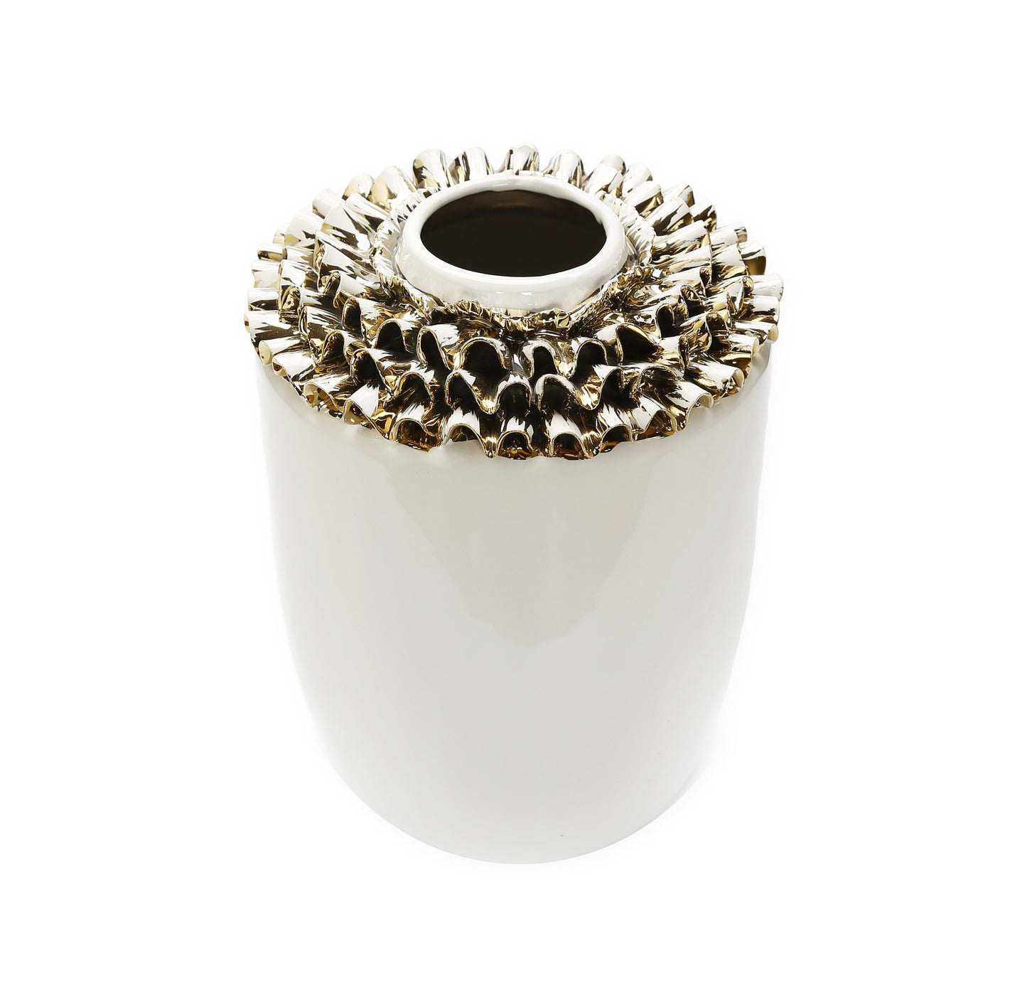 10" White Round Ceramic Table Vase With Sculptural Details-1