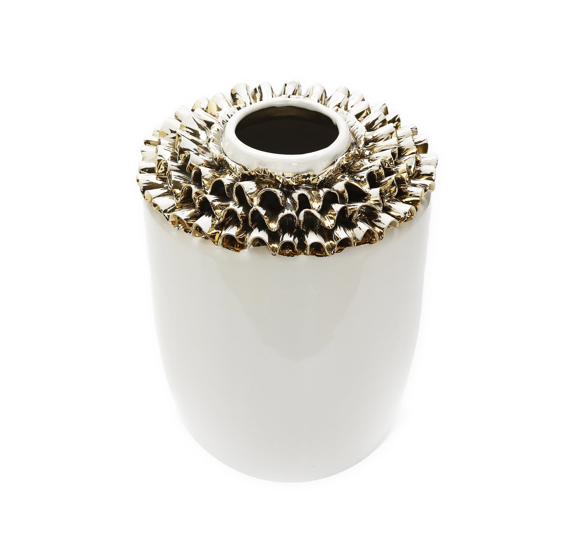 10" White Round Ceramic Table Vase With Sculptural Details-1
