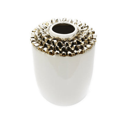 10" White Round Ceramic Table Vase With Sculptural Details-1