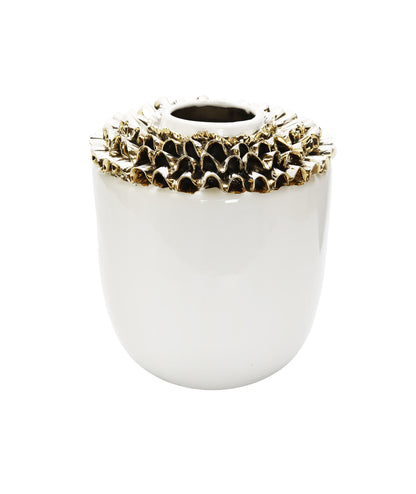 10" White Round Ceramic Table Vase With Sculptural Details-3