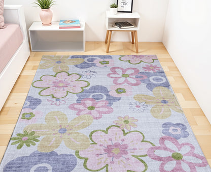 7' X 10' Pink Gray and Purple Juvenile Flowers Youthful Area Rug-2