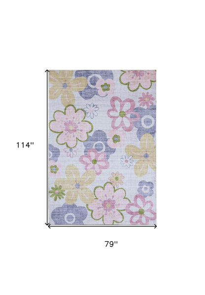 7' X 10' Pink Gray and Purple Juvenile Flowers Youthful Area Rug-4