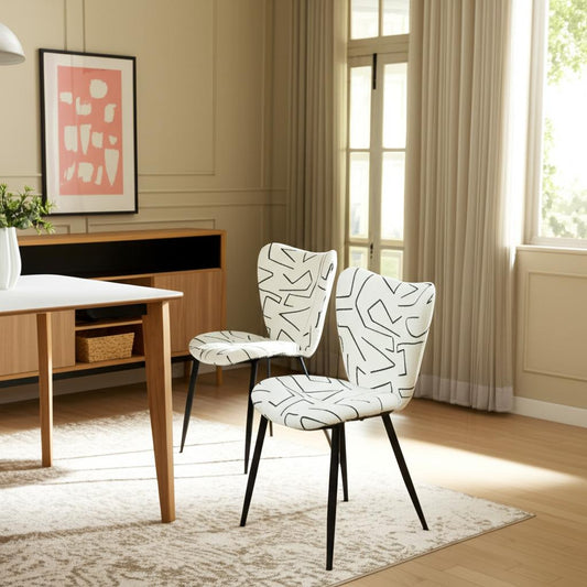 Set of Two White and Black Upholstered Faux Shearling Dining Side Chairs-0