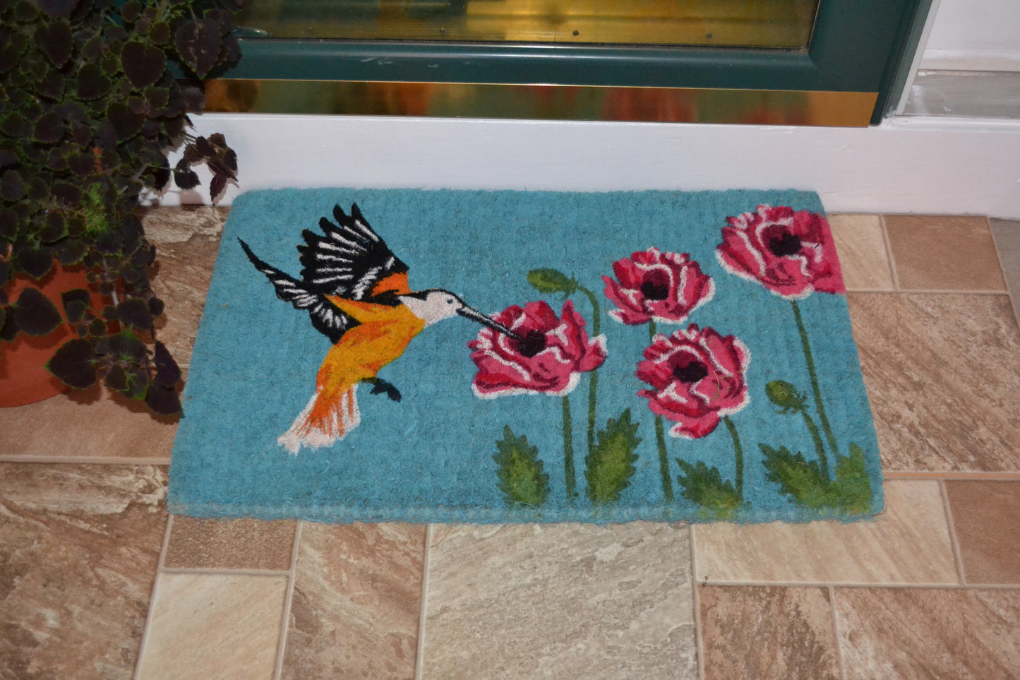 18" X 30" Blue Orange and Green Coir Hummingbird Outdoor Door Mat-6