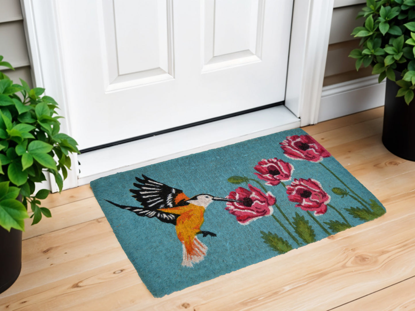 18" X 30" Blue Orange and Green Coir Hummingbird Outdoor Door Mat-1