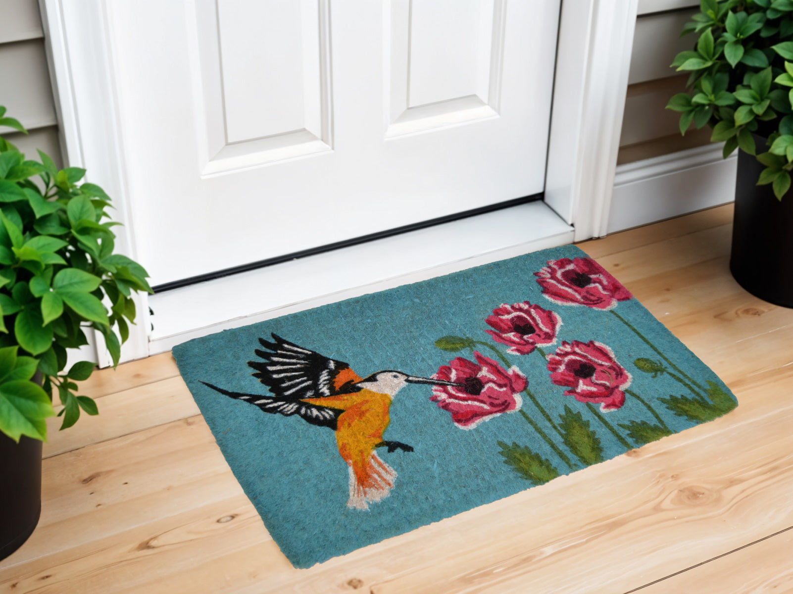 18" X 30" Blue Orange and Green Coir Hummingbird Outdoor Door Mat-1