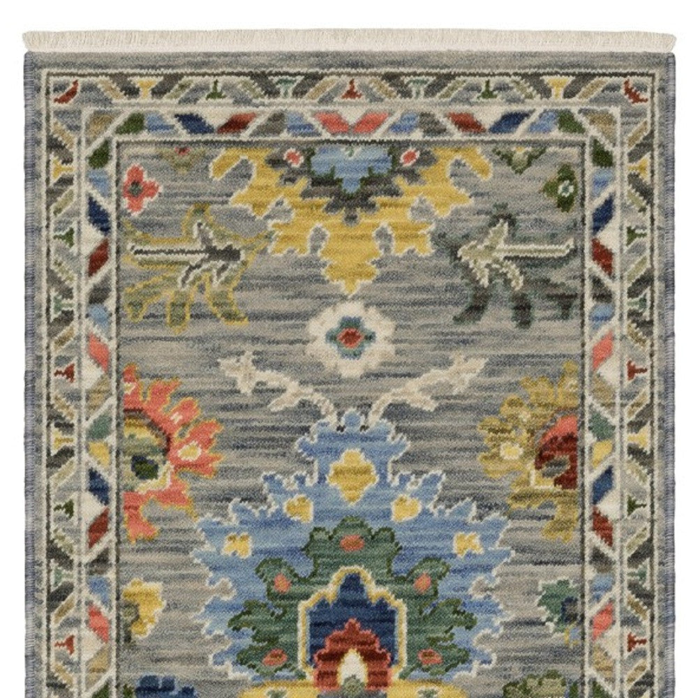 6' Gray Blue And Green Oriental Runner Rug With Fringe-5