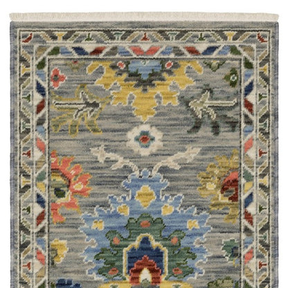 6' Gray Blue And Green Oriental Runner Rug With Fringe-5