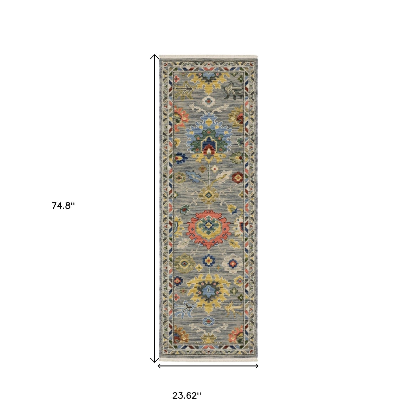 6' Gray Blue And Green Oriental Runner Rug With Fringe-2