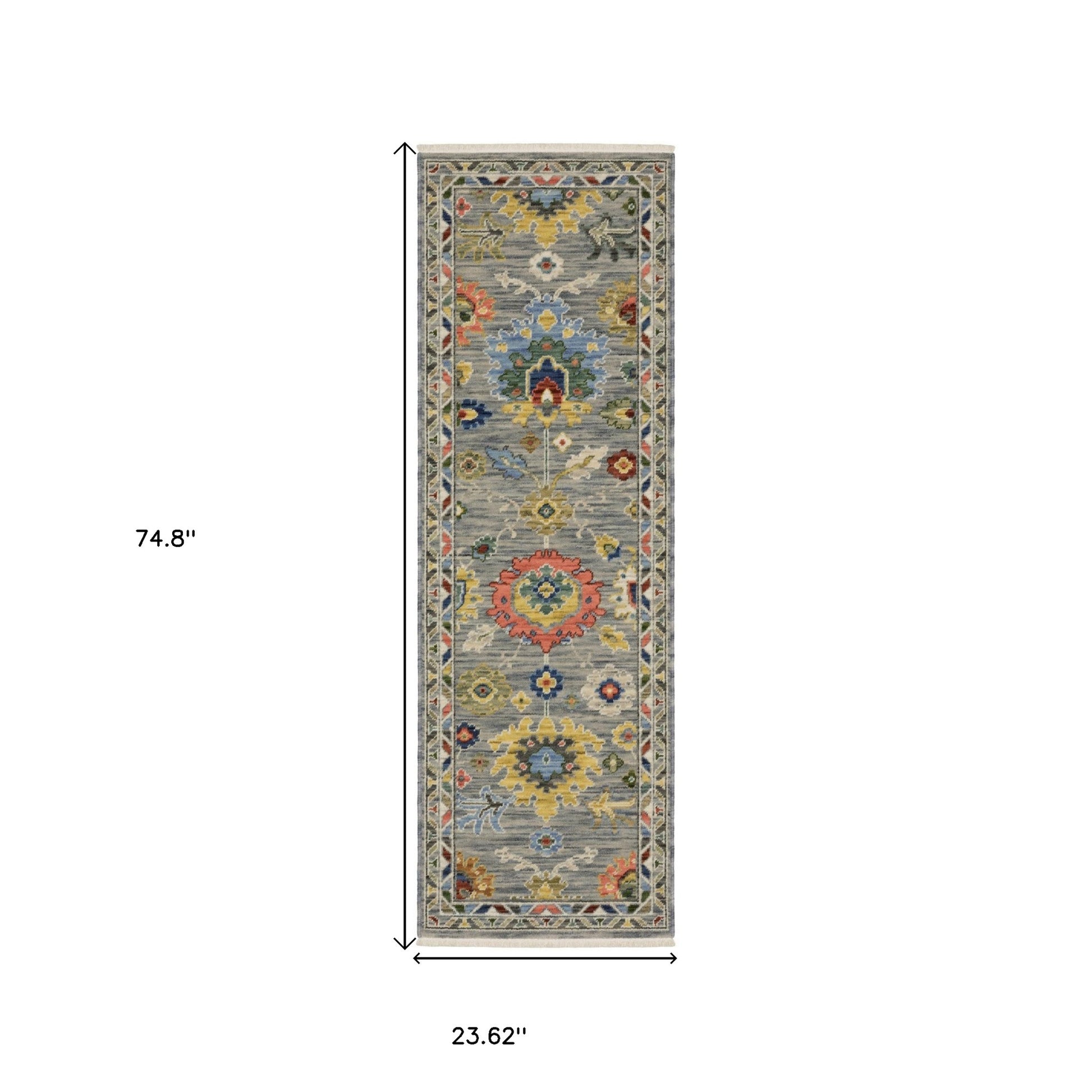 6' Gray Blue And Green Oriental Runner Rug With Fringe-2