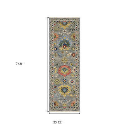 6' Gray Blue And Green Oriental Runner Rug With Fringe-2