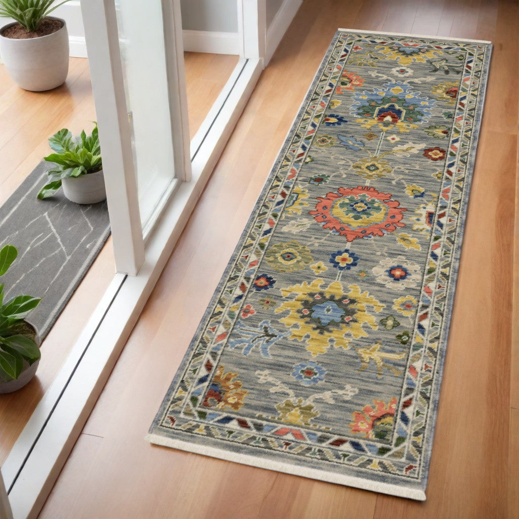 6' Gray Blue And Green Oriental Runner Rug With Fringe-0