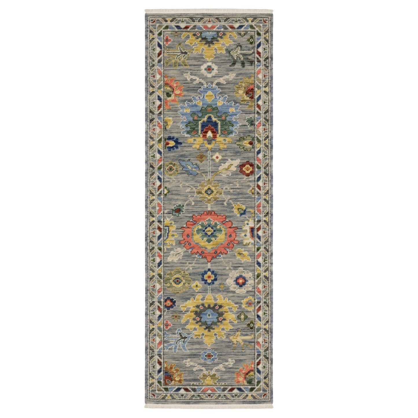 6' Gray Blue And Green Oriental Runner Rug With Fringe-1