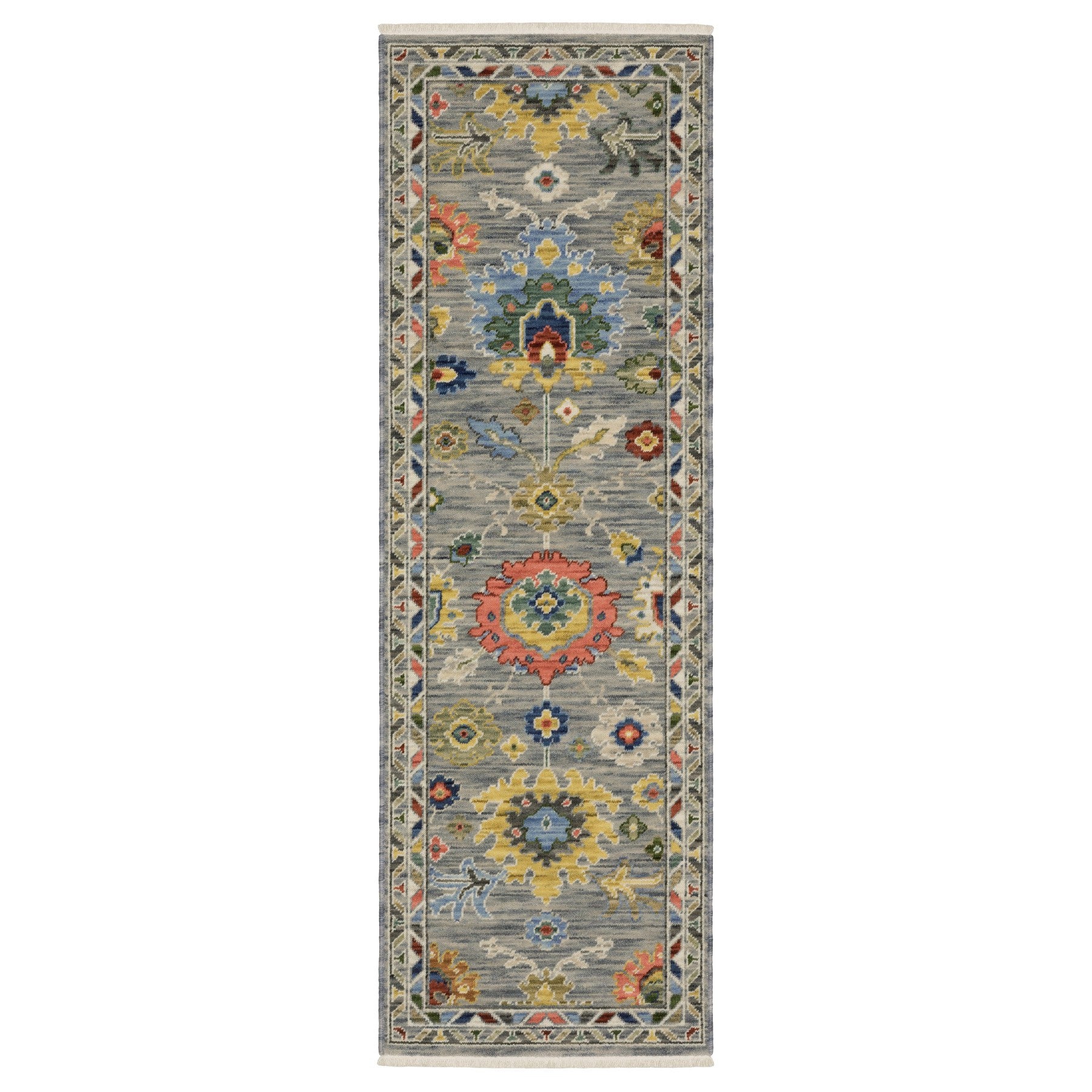 6' Gray Blue And Green Oriental Runner Rug With Fringe-1