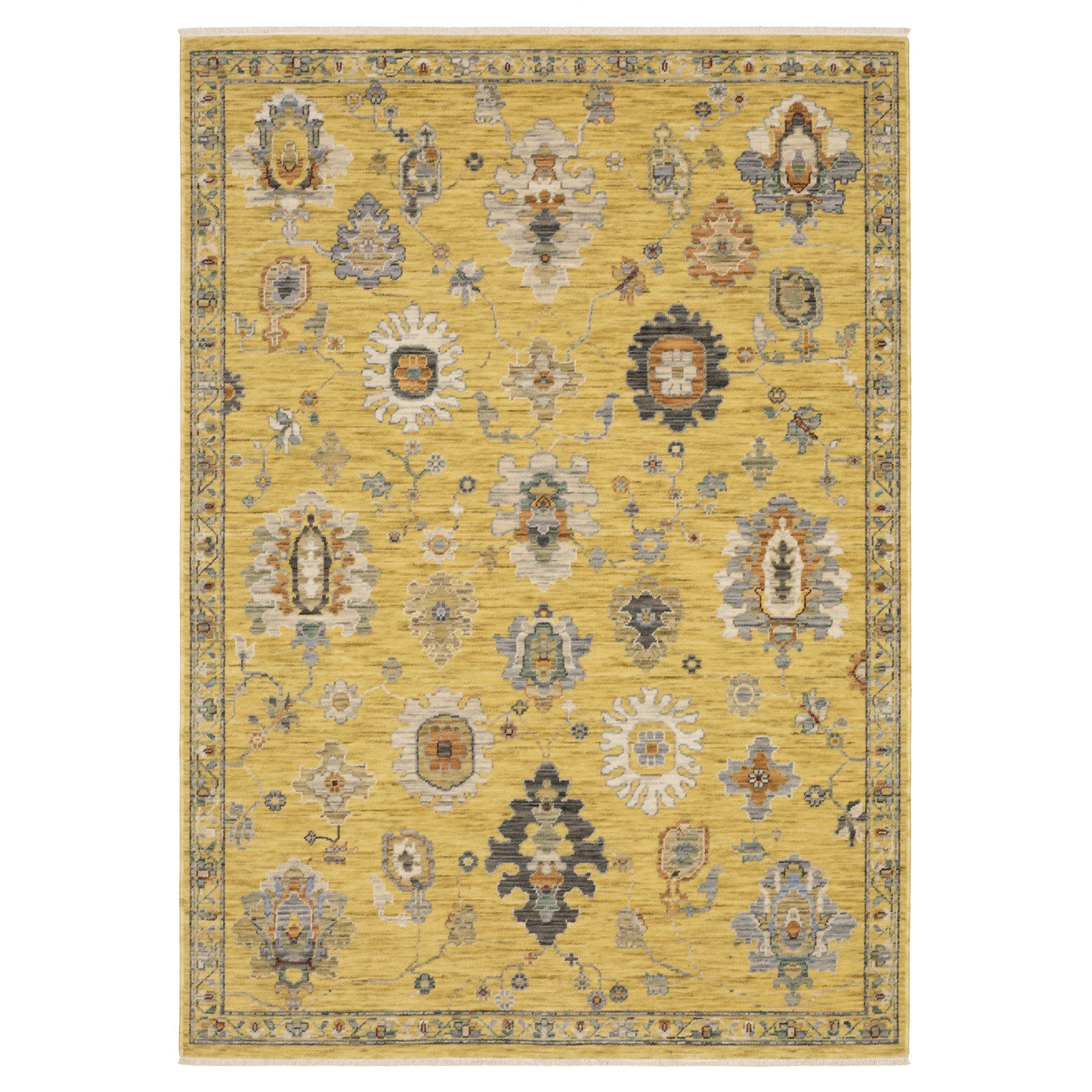 7' X 10' Yellow Ivory And Black Oriental Area Rug With Fringe-1