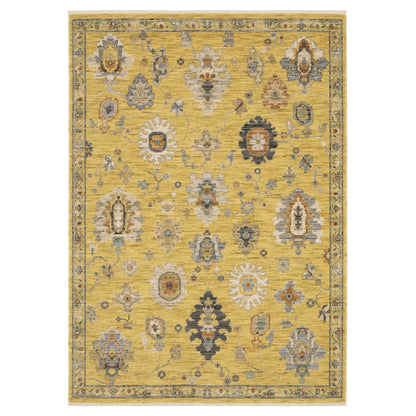 7' X 10' Yellow Ivory And Black Oriental Area Rug With Fringe-1