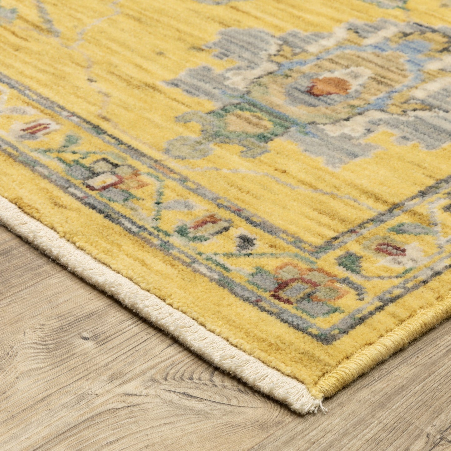 7' X 10' Yellow Ivory And Black Oriental Area Rug With Fringe-8