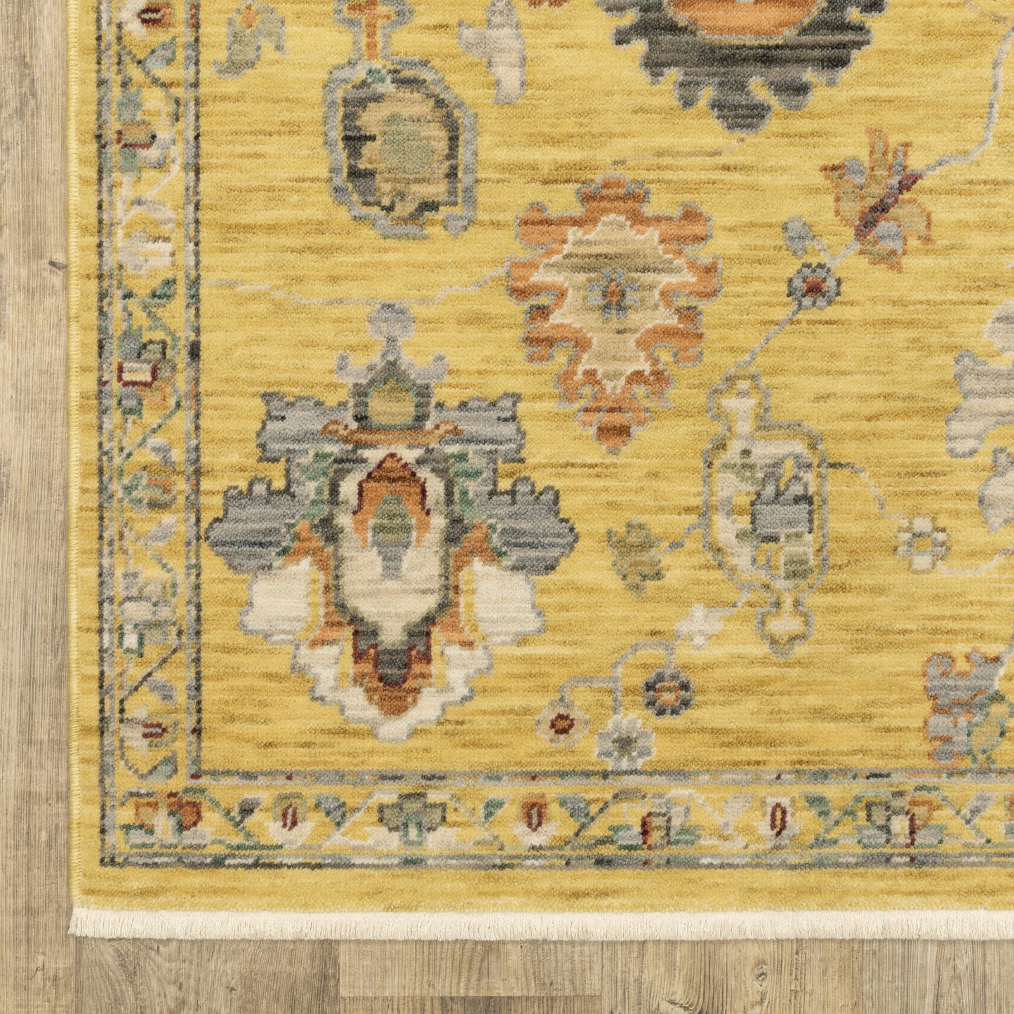 7' X 10' Yellow Ivory And Black Oriental Area Rug With Fringe-3