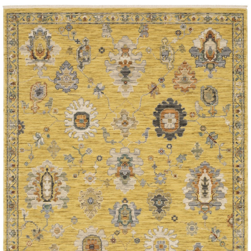 7' X 10' Yellow Ivory And Black Oriental Area Rug With Fringe-4