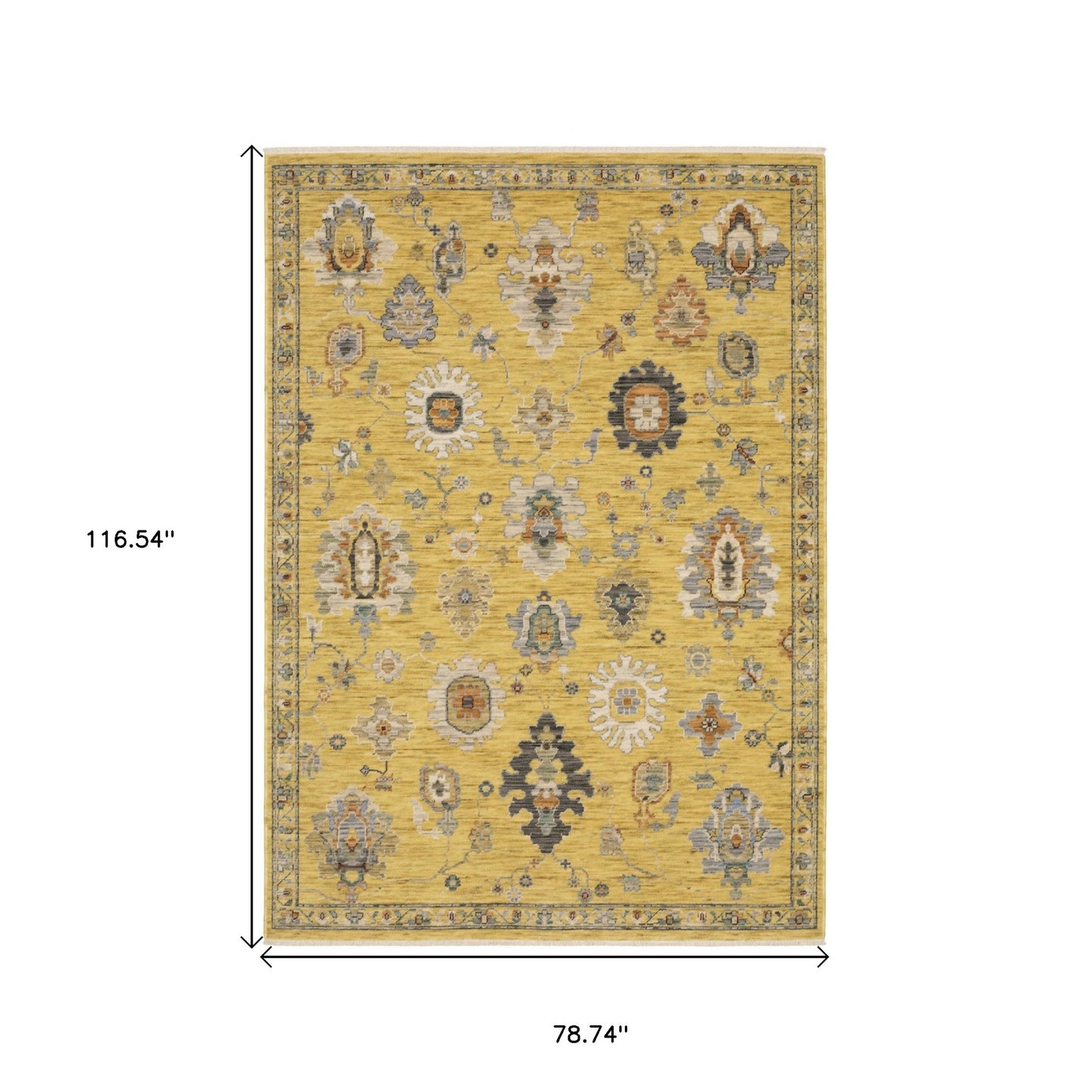7' X 10' Yellow Ivory And Black Oriental Area Rug With Fringe-2