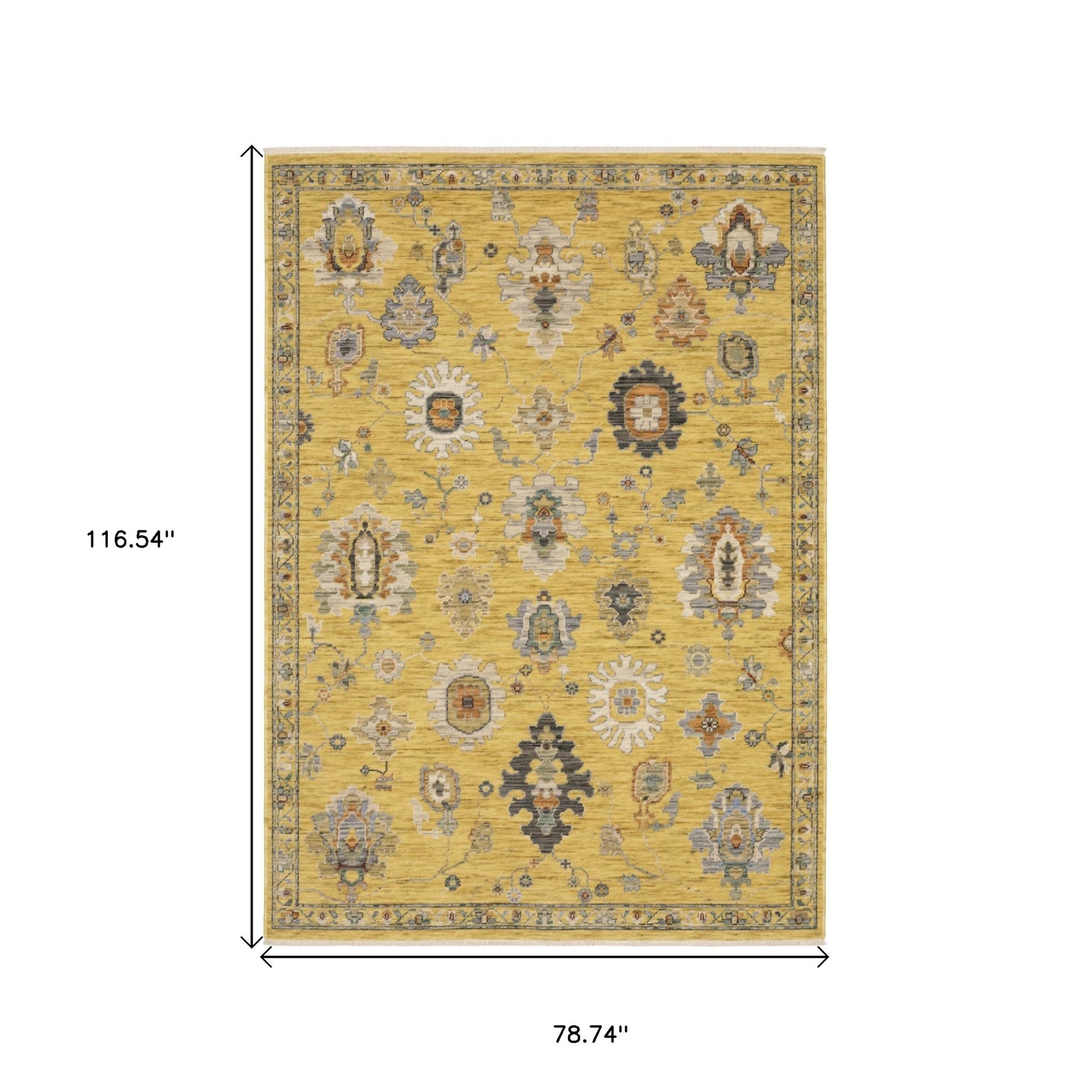 7' X 10' Yellow Ivory And Black Oriental Area Rug With Fringe-2
