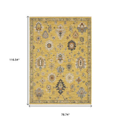 7' X 10' Yellow Ivory And Black Oriental Area Rug With Fringe-2