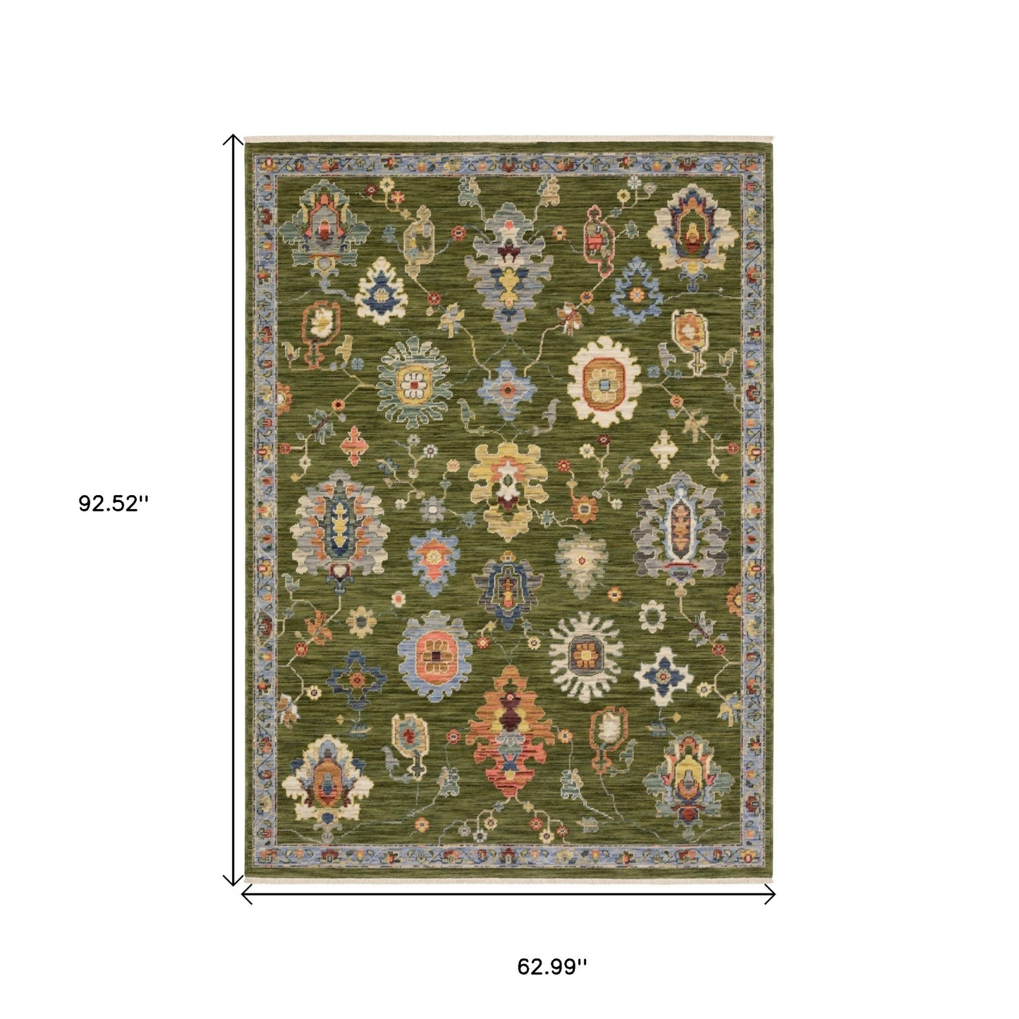 5' X 8' Green Blue And Yellow Oriental Area Rug With Fringe-2