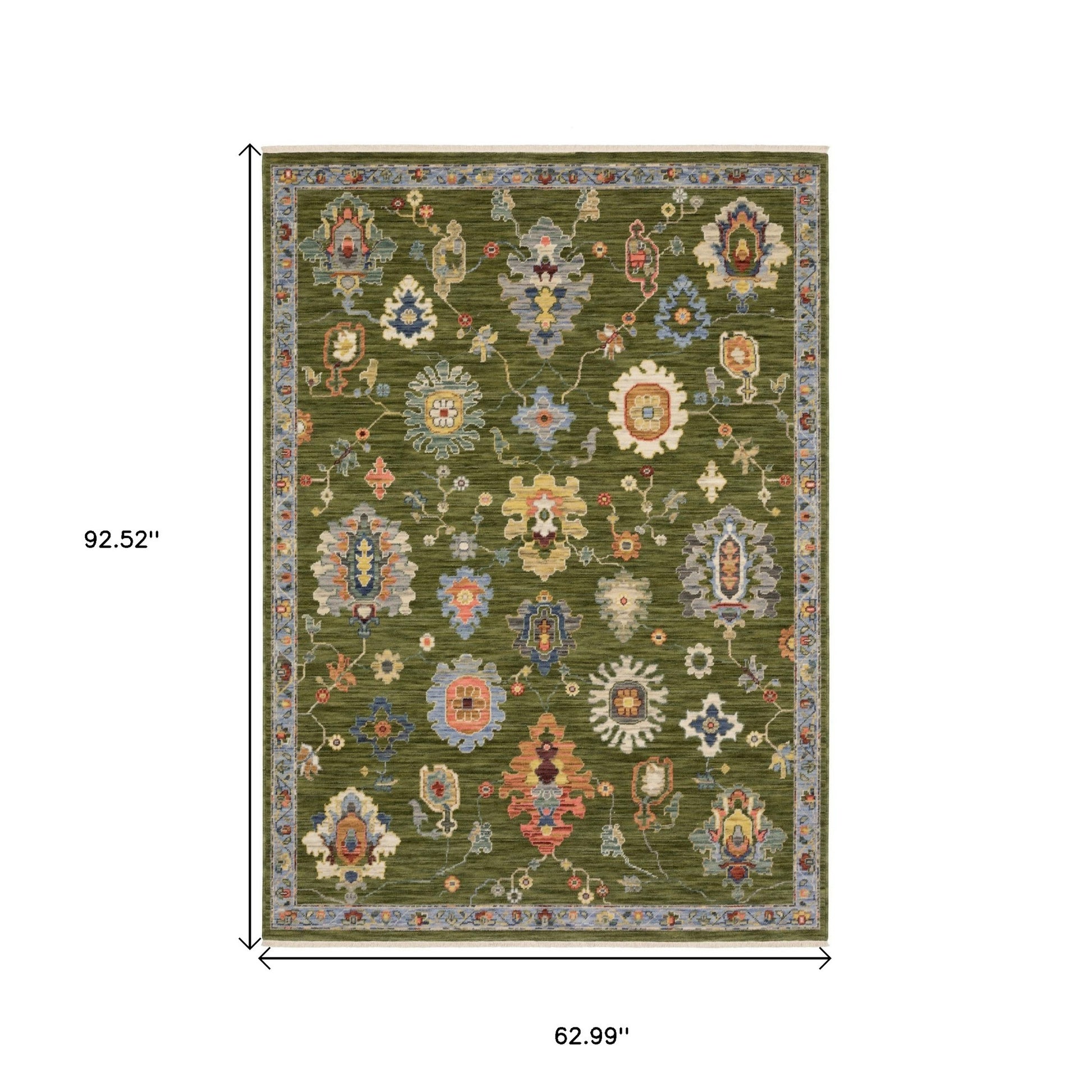 5' X 8' Green Blue And Yellow Oriental Area Rug With Fringe-2