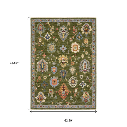 5' X 8' Green Blue And Yellow Oriental Area Rug With Fringe-2