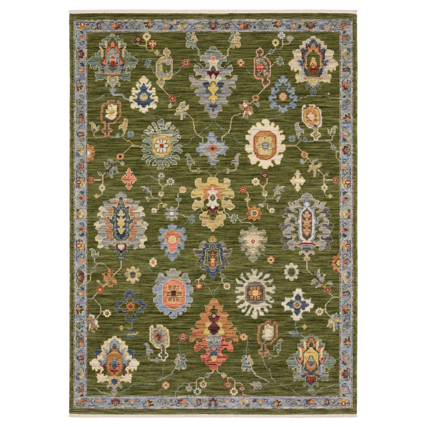 5' X 8' Green Blue And Yellow Oriental Area Rug With Fringe-1