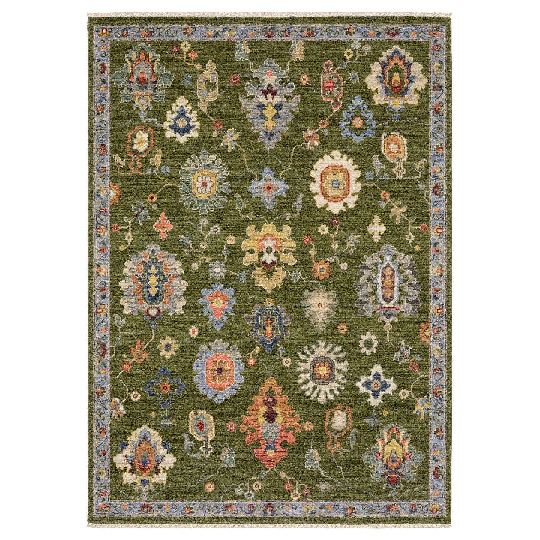 5' X 8' Green Blue And Yellow Oriental Area Rug With Fringe-1