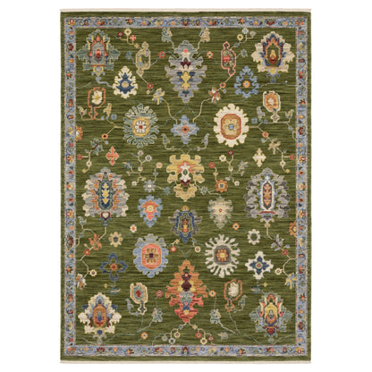 5' X 8' Green Blue And Yellow Oriental Area Rug With Fringe-1