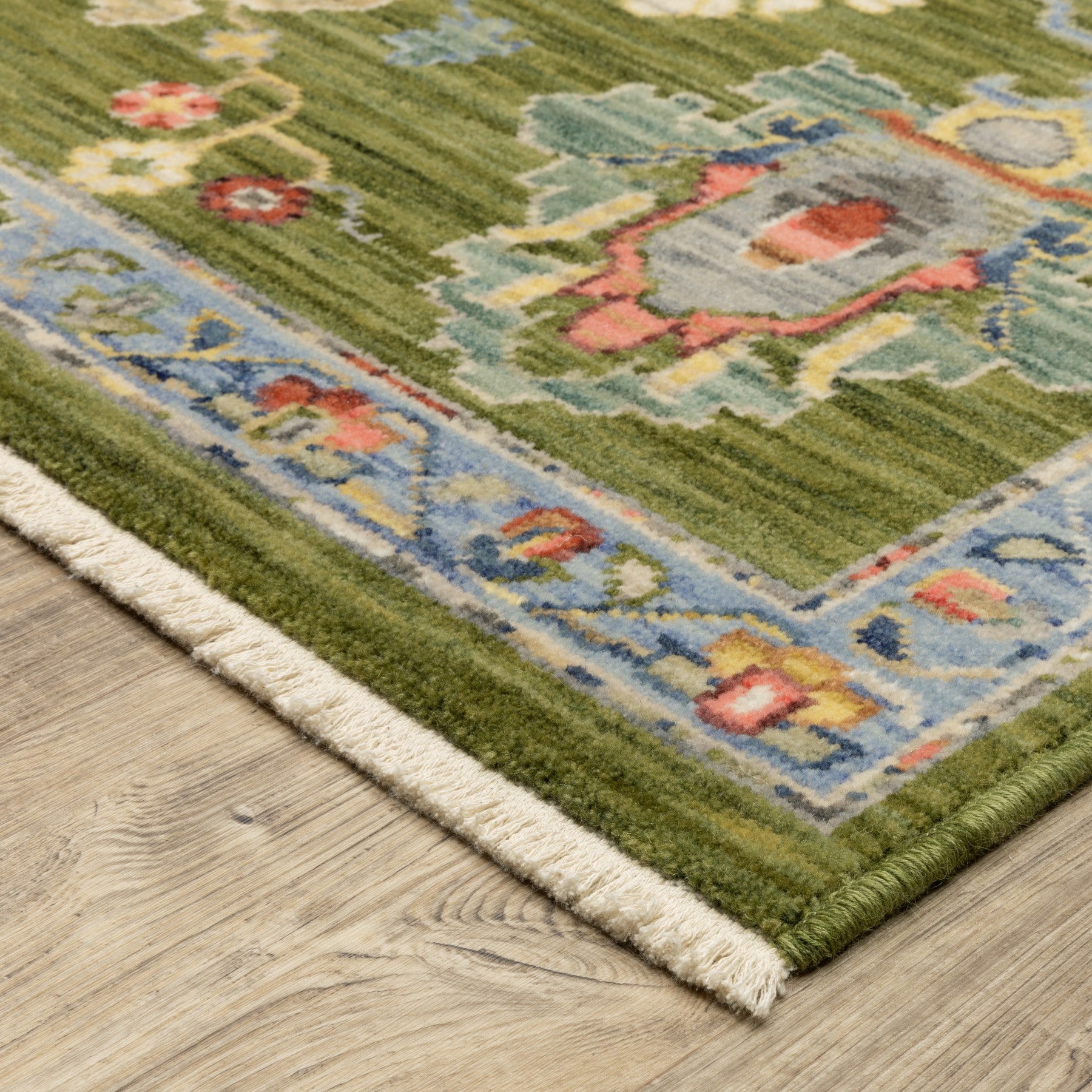5' X 8' Green Blue And Yellow Oriental Area Rug With Fringe-8