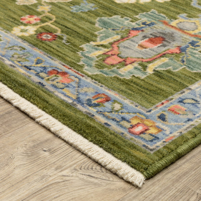5' X 8' Green Blue And Yellow Oriental Area Rug With Fringe-8